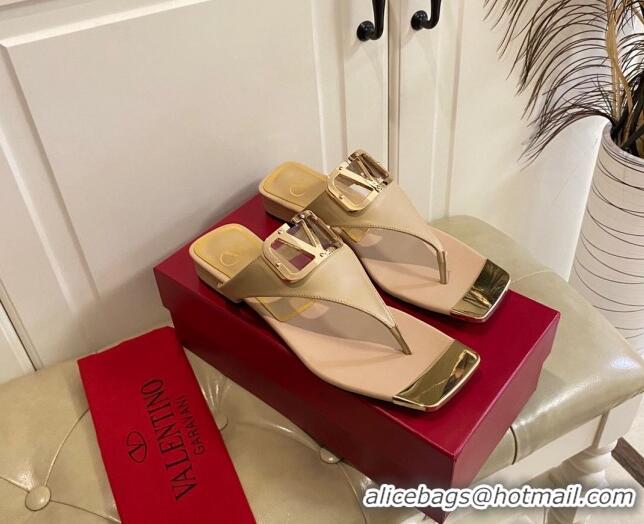 Discount Valentino VLogo Leather Flat Thong Slide Sandals Beige 030195