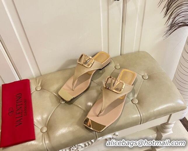 Discount Valentino VLogo Leather Flat Thong Slide Sandals Beige 030195