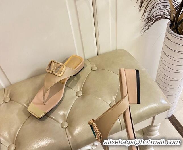 Discount Valentino VLogo Leather Flat Thong Slide Sandals Beige 030195