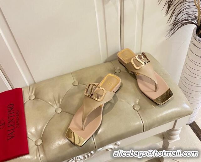 Discount Valentino VLogo Leather Flat Thong Slide Sandals Beige 030195