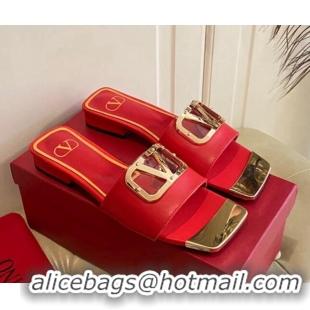 Best Product Valentino VLogo Leather and metal Slide Sandals Red 030198