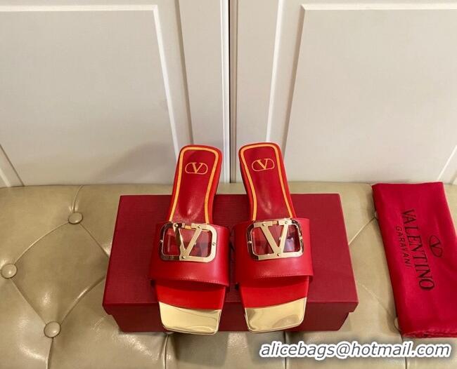 Best Product Valentino VLogo Leather and metal Slide Sandals Red 030198