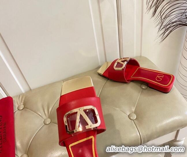 Best Product Valentino VLogo Leather and metal Slide Sandals Red 030198