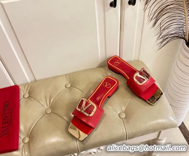 Best Product Valentino VLogo Leather and metal Slide Sandals Red 030198