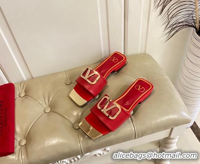 Best Product Valentino VLogo Leather and metal Slide Sandals Red 030198