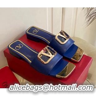 Shop Duplicate Valentino VLogo Leather and metal Slide Sandals Blue 030199