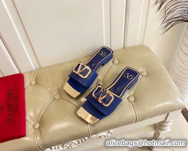 Shop Duplicate Valentino VLogo Leather and metal Slide Sandals Blue 030199