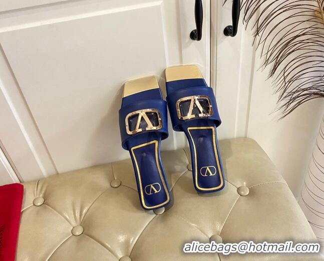 Shop Duplicate Valentino VLogo Leather and metal Slide Sandals Blue 030199