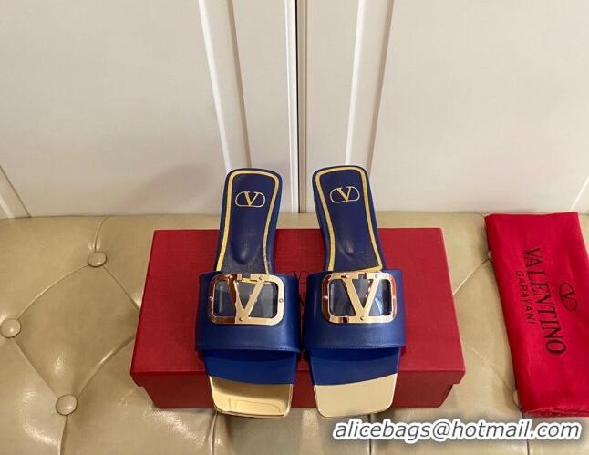 Shop Duplicate Valentino VLogo Leather and metal Slide Sandals Blue 030199