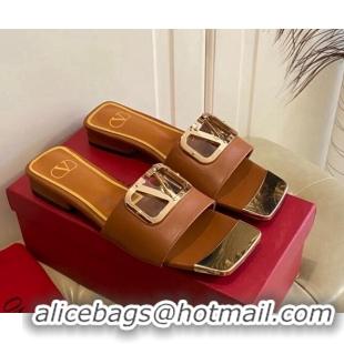 Good Looking Valentino VLogo Leather and metal Slide Sandals Brown 301100