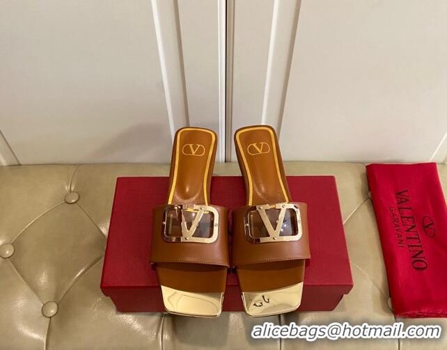 Good Looking Valentino VLogo Leather and metal Slide Sandals Brown 301100