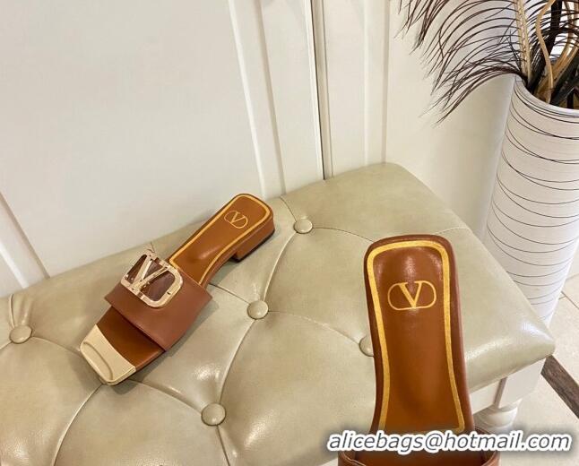 Good Looking Valentino VLogo Leather and metal Slide Sandals Brown 301100