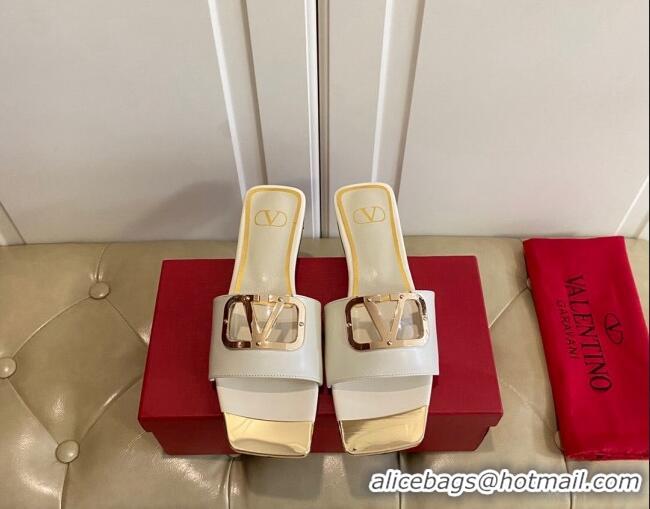 Top Design Valentino VLogo Leather and metal Slide Sandals White 301101