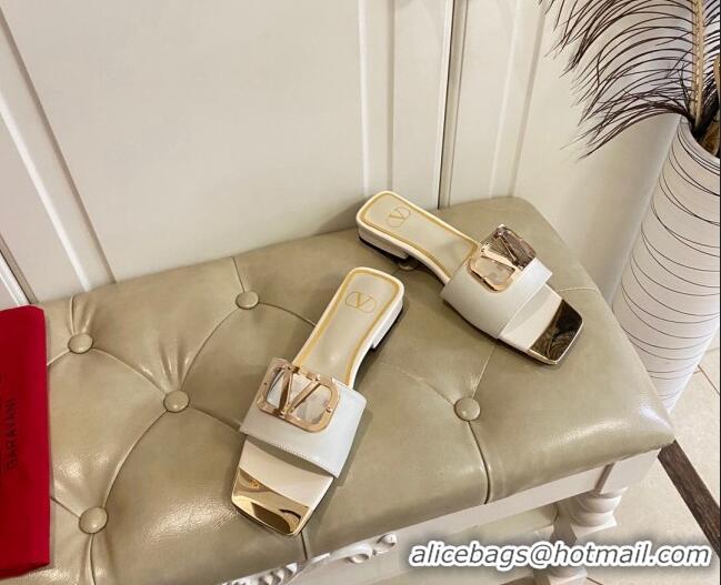 Top Design Valentino VLogo Leather and metal Slide Sandals White 301101