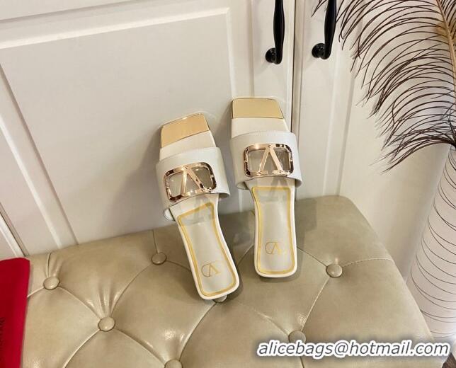 Top Design Valentino VLogo Leather and metal Slide Sandals White 301101