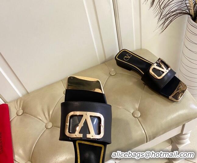 Low Cost Valentino VLogo Leather and metal Slide Sandals Black 301102