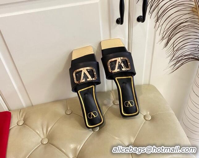 Low Cost Valentino VLogo Leather and metal Slide Sandals Black 301102