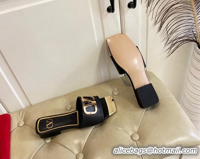 Low Cost Valentino VLogo Leather and metal Slide Sandals Black 301102