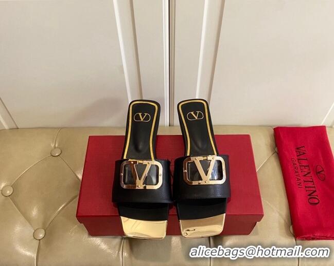 Low Cost Valentino VLogo Leather and metal Slide Sandals Black 301102