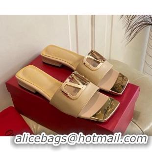 Good Quality Valentino VLogo Leather and metal Slide Sandals Beige 301103