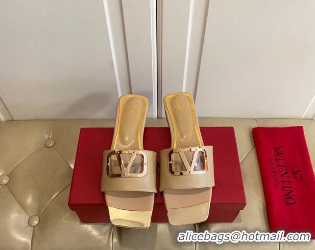 Good Quality Valentino VLogo Leather and metal Slide Sandals Beige 301103