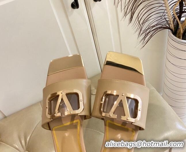 Good Quality Valentino VLogo Leather and metal Slide Sandals Beige 301103