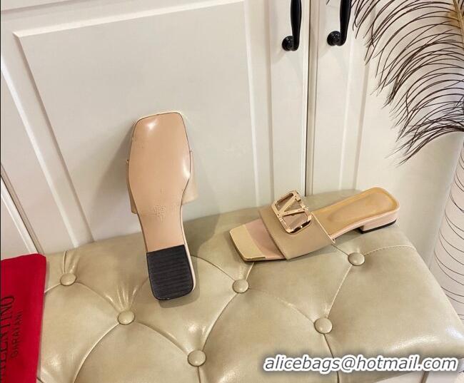 Good Quality Valentino VLogo Leather and metal Slide Sandals Beige 301103