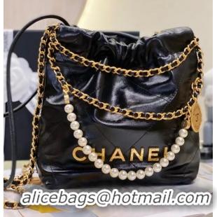 Grade Discount Chanel 22 Shiny Crumpled Calfskin Mini Handbag with Pearls and Chain AS3980 Black 2023