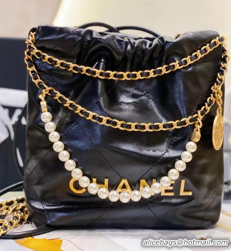 Grade Discount Chanel 22 Shiny Crumpled Calfskin Mini Handbag with Pearls and Chain AS3980 Black 2023