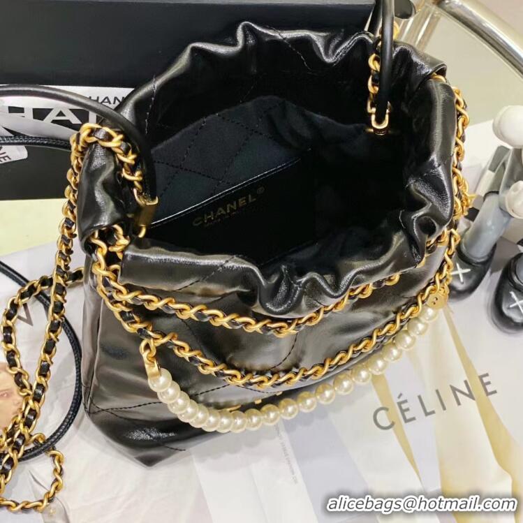 Grade Discount Chanel 22 Shiny Crumpled Calfskin Mini Handbag with Pearls and Chain AS3980 Black 2023