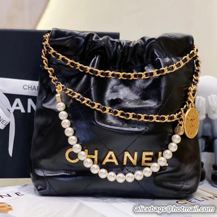 Grade Discount Chanel 22 Shiny Crumpled Calfskin Mini Handbag with Pearls and Chain AS3980 Black 2023