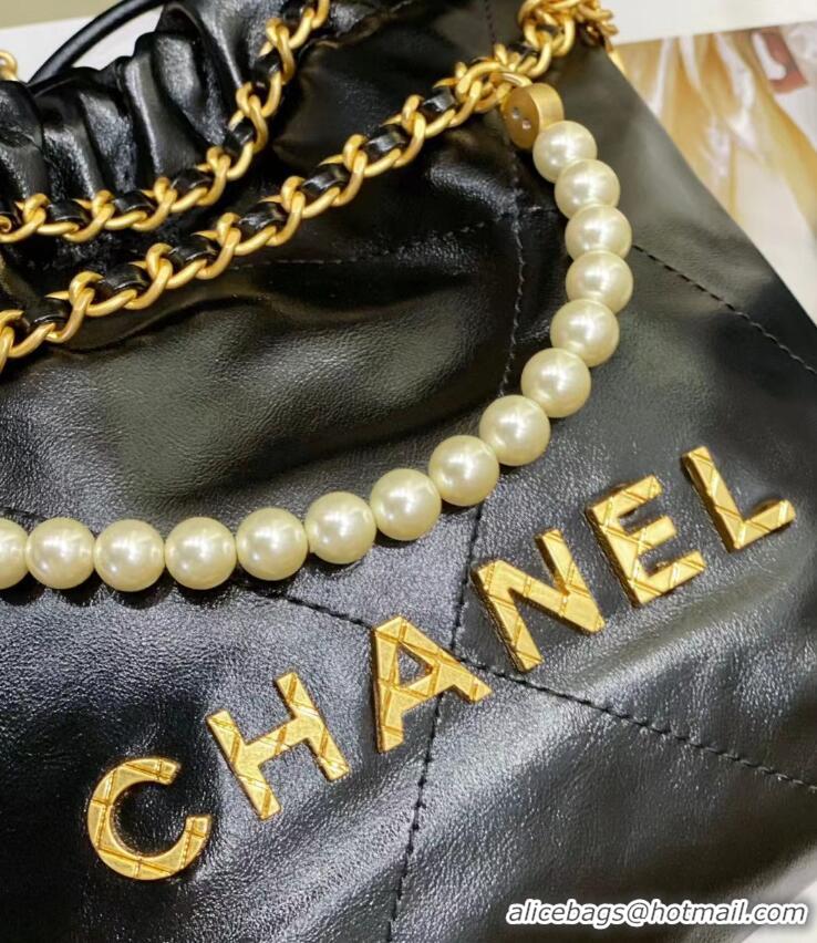 Grade Discount Chanel 22 Shiny Crumpled Calfskin Mini Handbag with Pearls and Chain AS3980 Black 2023