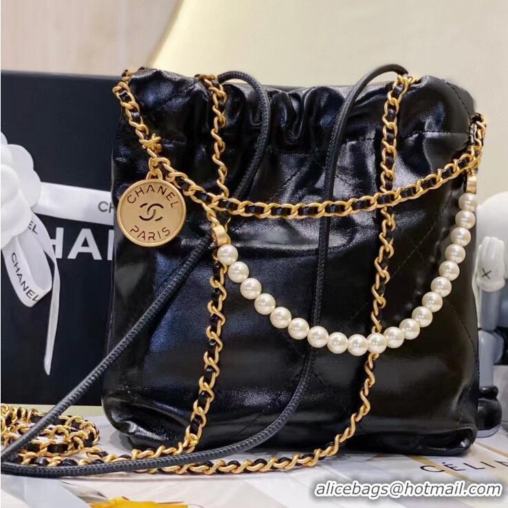 Grade Discount Chanel 22 Shiny Crumpled Calfskin Mini Handbag with Pearls and Chain AS3980 Black 2023