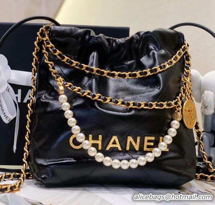 Grade Discount Chanel 22 Shiny Crumpled Calfskin Mini Handbag with Pearls and Chain AS3980 Black 2023