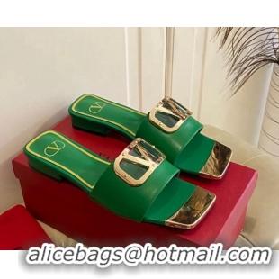 Hot Style Valentino VLogo Leather and metal Slide Sandals Green 301104 