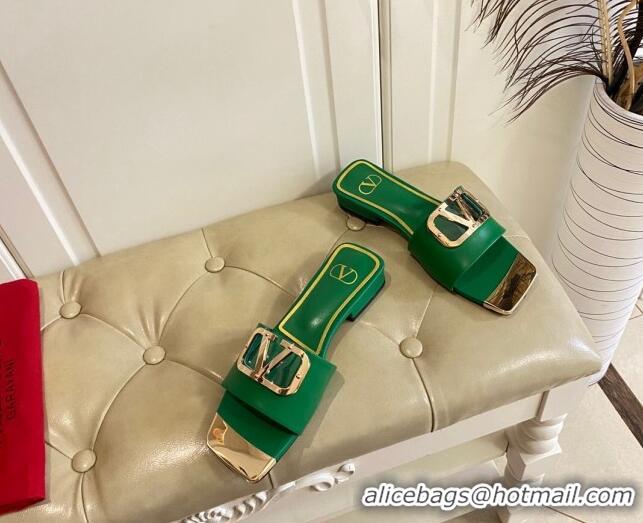 Hot Style Valentino VLogo Leather and metal Slide Sandals Green 301104 