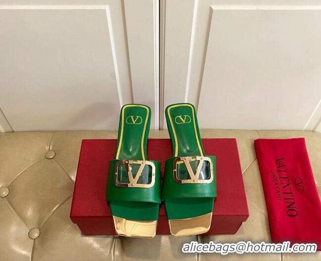 Hot Style Valentino VLogo Leather and metal Slide Sandals Green 301104 