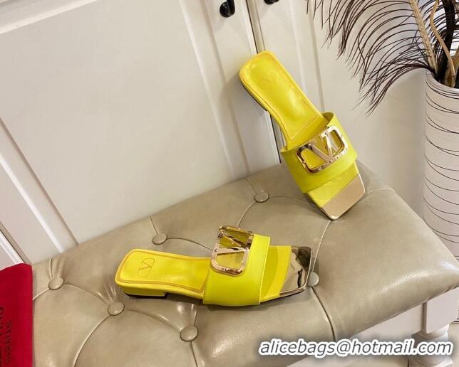 Cheap Price Valentino VLogo Leather and metal Slide Sandals Yellow 301105