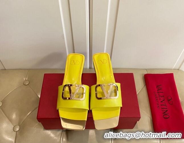 Cheap Price Valentino VLogo Leather and metal Slide Sandals Yellow 301105