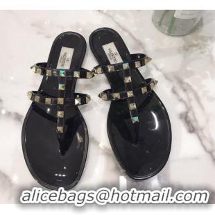 Top Design Valentino Rockstud PVC Flat Thong Sandals 0301106 Black