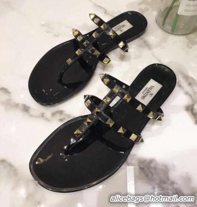 Top Design Valentino Rockstud PVC Flat Thong Sandals 0301106 Black