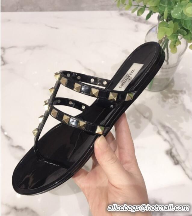 Top Design Valentino Rockstud PVC Flat Thong Sandals 0301106 Black