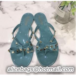 Trendy Design Valentino Rockstud PVC Flat Thong Sandals with Bow 301107 Blue