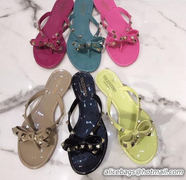 Trendy Design Valentino Rockstud PVC Flat Thong Sandals with Bow 301107 Blue