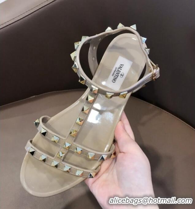 Charming Valentino Rockstud Rubber Flat Sandals Beige 0301108