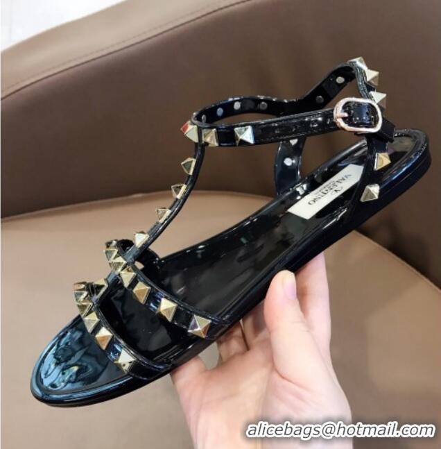 Grade Quality Valentino Rockstud Rubber Flat Sandals Black 301109