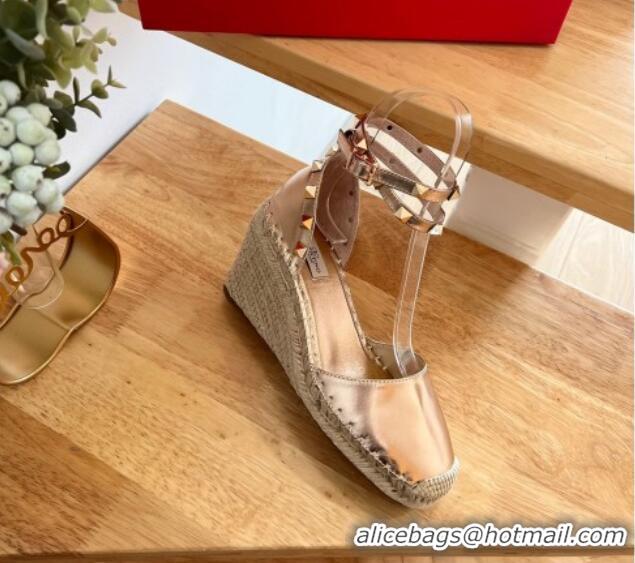 Stylish Valentino Metallic Leather Rockstud Wedge Pumps 9.5cm Gold 0322087