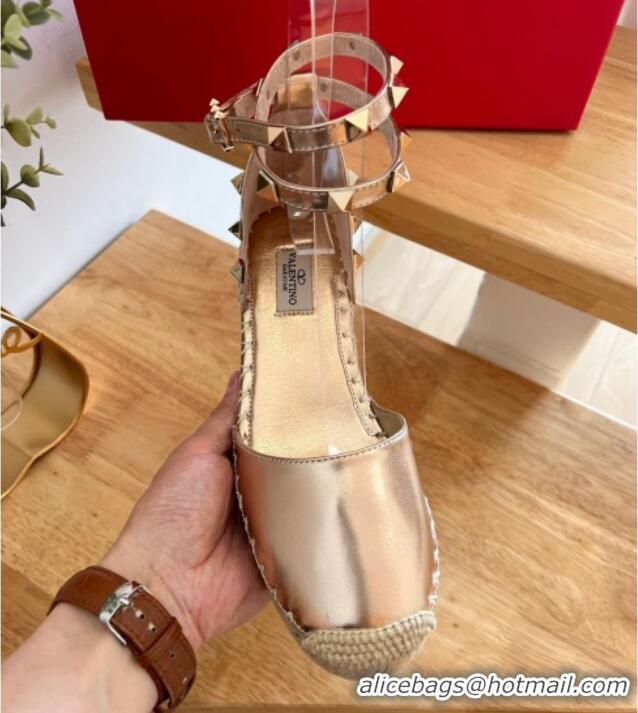 Stylish Valentino Metallic Leather Rockstud Wedge Pumps 9.5cm Gold 0322087