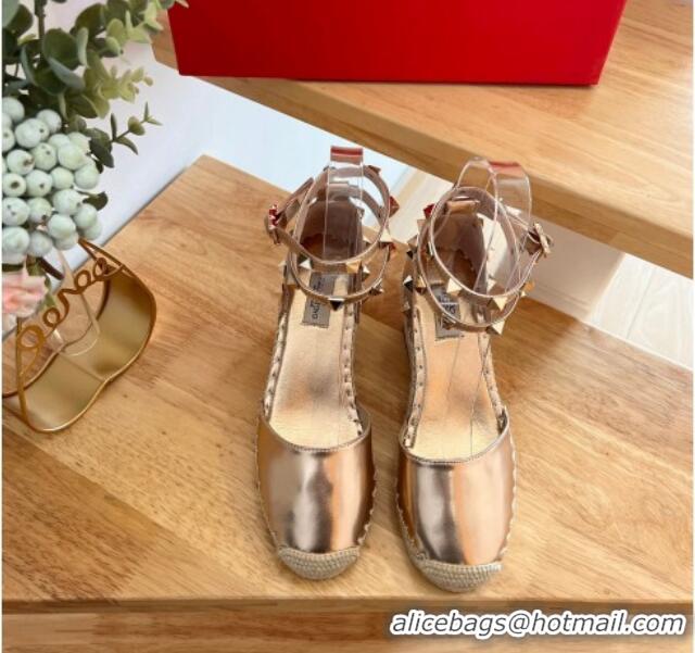 Stylish Valentino Metallic Leather Rockstud Wedge Pumps 9.5cm Gold 0322087