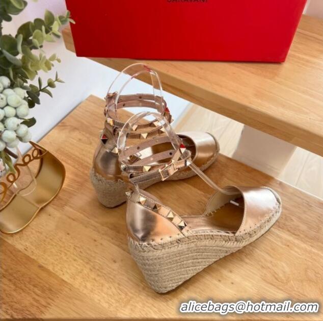 Stylish Valentino Metallic Leather Rockstud Wedge Pumps 9.5cm Gold 0322087